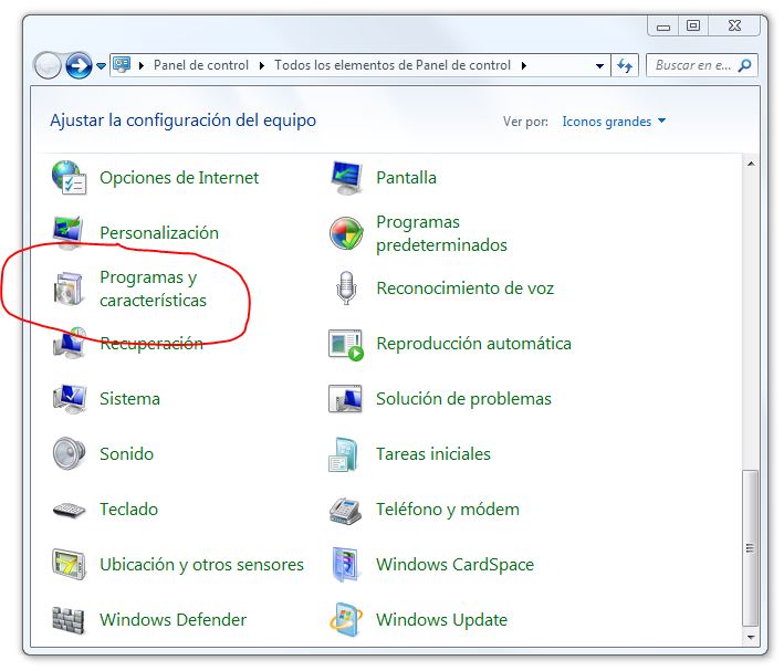 Programas y Características en el Panel Control de Windows 7