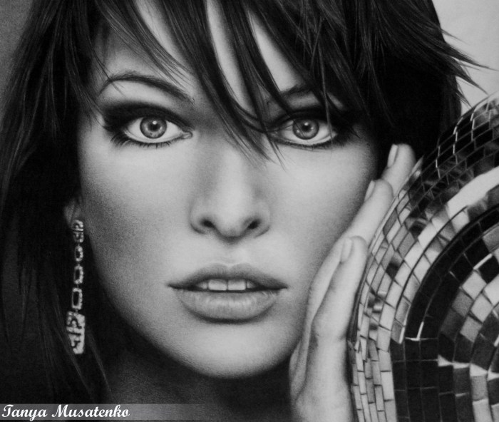 "Milla Jovovich", Tanya Musatenko, 2011,  A4 (smooth paper), pencils (H, 2B, 8B), kneaded eraser.