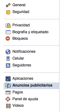 Opción en el menú de Facebook