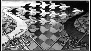 "Day and Night", M. C. Escher, woodcut, 1938.