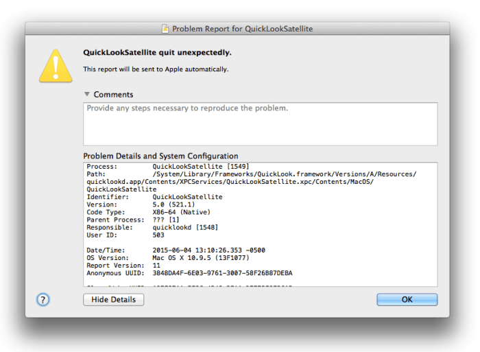 QuickLookSatellite crash message